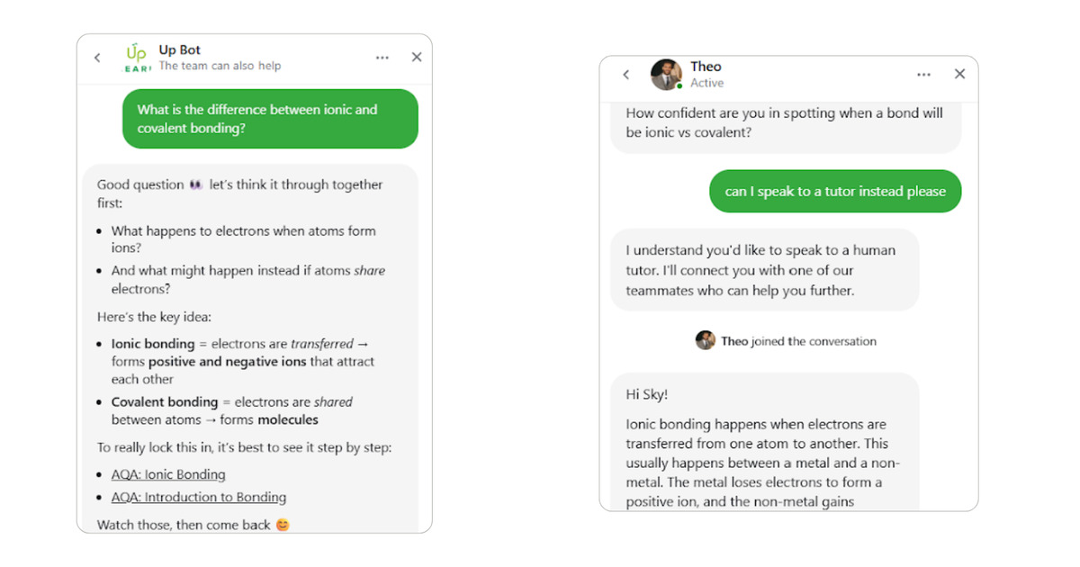 A screenshot showing a conversation a student is having with Up Learn's Up Bot chat and another with a student talking with a tutor through the chat
