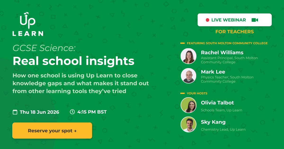 Banner image promoting Up Learn's GCSE Science course webinar on Thursday 18th of June 2026 at 4:15pm BST